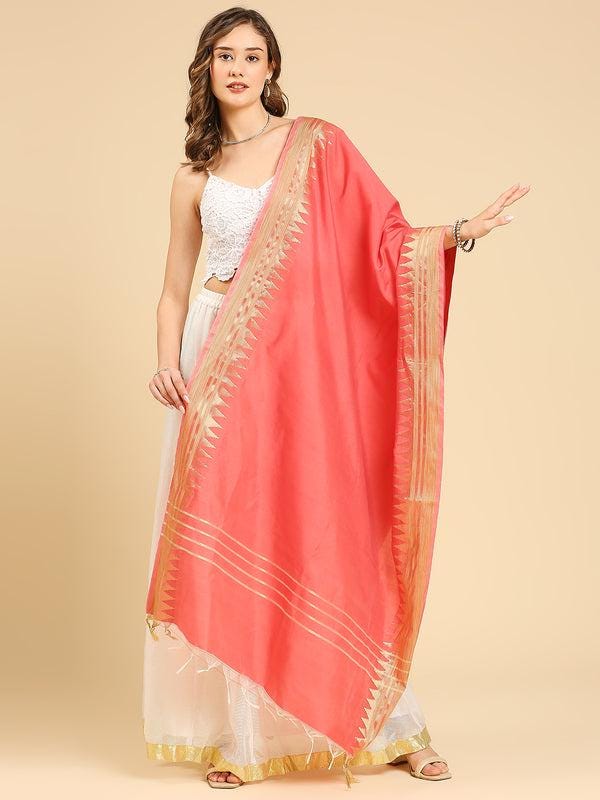 Banarasi Silk Dupatta with Temple Border Wine/Coral color stole