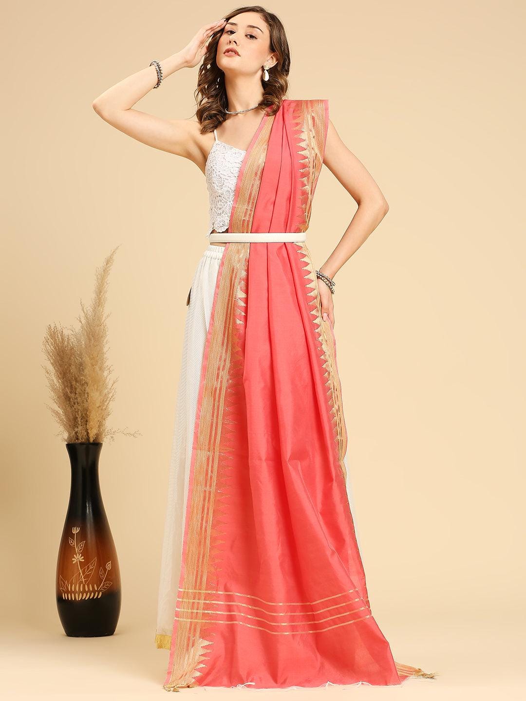 Banarasi Silk Dupatta with Temple Border Wine/Coral color stole