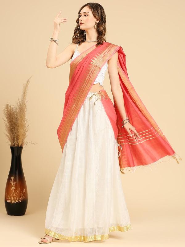 Banarasi Silk Dupatta with Temple Border Wine/Coral color stole