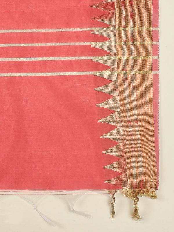 Banarasi Silk Dupatta with Temple Border Wine/Coral color stole