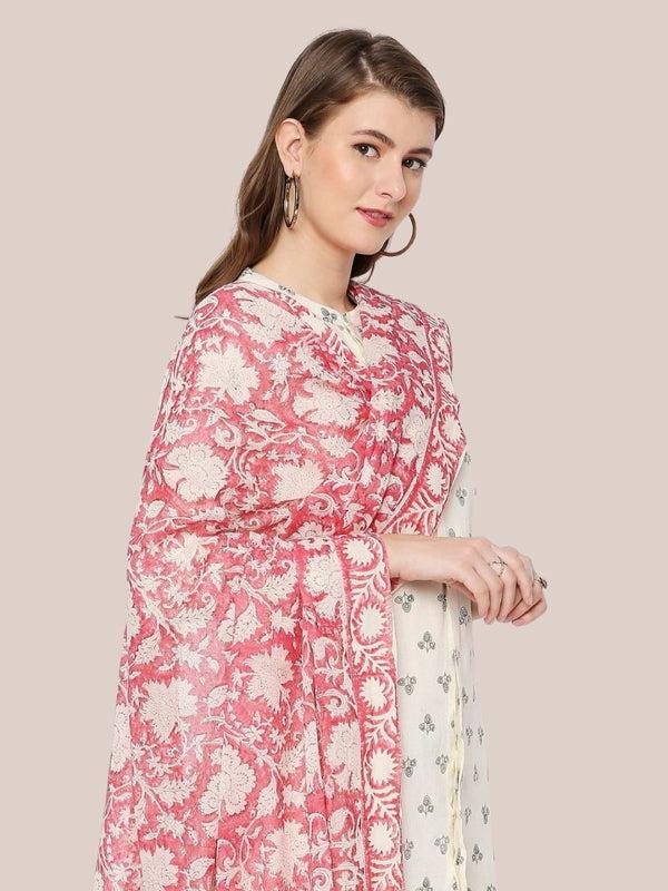 Pink & White Hand Block Printed Pure Cotton Dupatta/shawl/stole