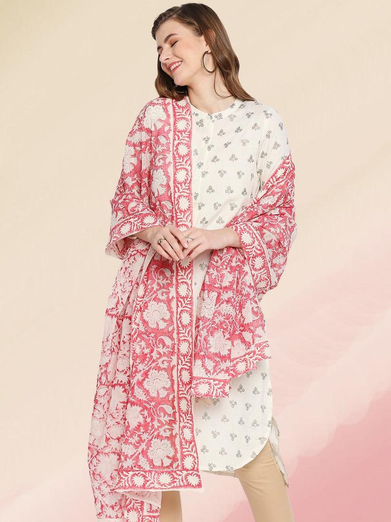 Pink & White Hand Block Printed Pure Cotton Dupatta/shawl/stole