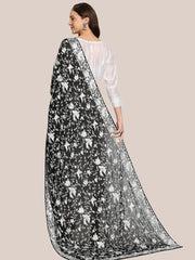 Machine Embroidered Parsi Gara Work Georgette Dupatta White Thread Work Black Stole/Shawl