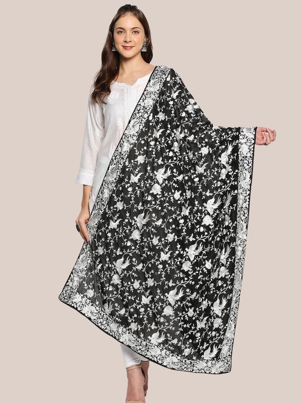 Machine Embroidered Parsi Gara Work Georgette Dupatta White Thread Work Black Stole/Shawl