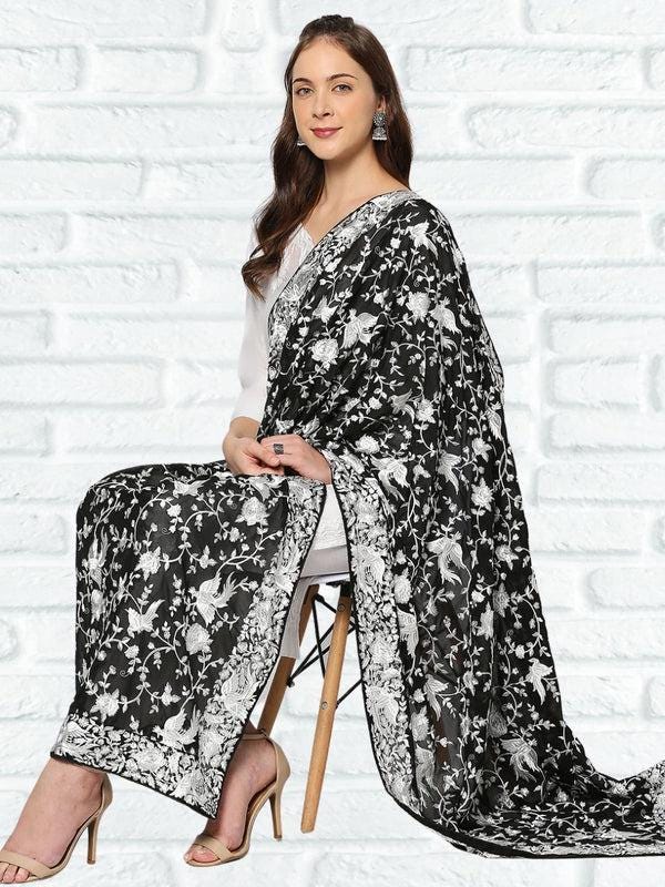 Machine Embroidered Parsi Gara Work Georgette Dupatta White Thread Work Black Stole/Shawl