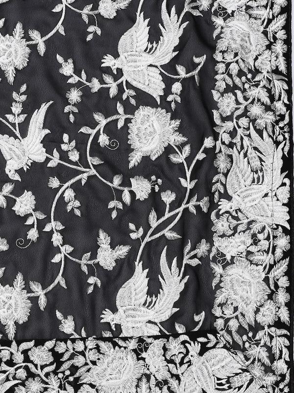 Machine Embroidered Parsi Gara Work Georgette Dupatta White Thread Work Black Stole/Shawl