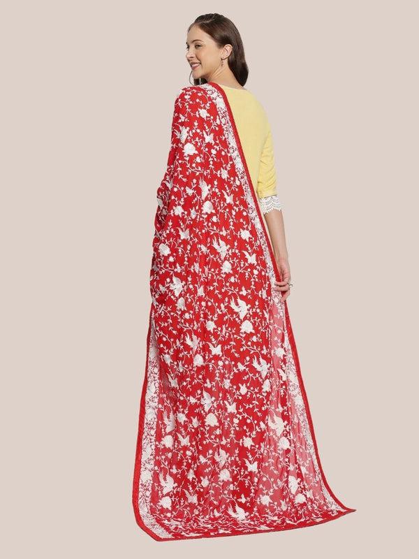 Machine Embroidered Parsi Gara Work Georgette Dupatta White Thread Work Red Stole/Shawl