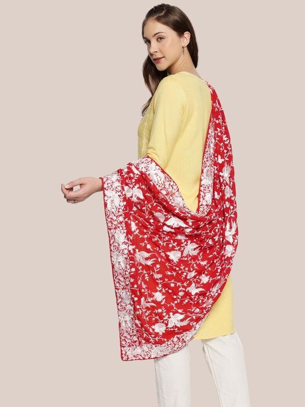 Machine Embroidered Parsi Gara Work Georgette Dupatta White Thread Work Red Stole/Shawl