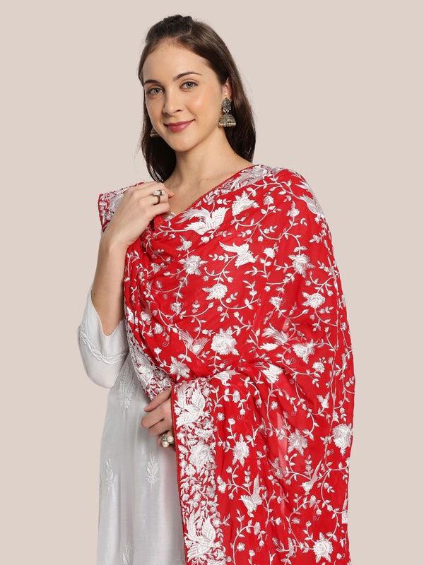 Machine Embroidered Parsi Gara Work Georgette Dupatta White Thread Work Red Stole/Shawl