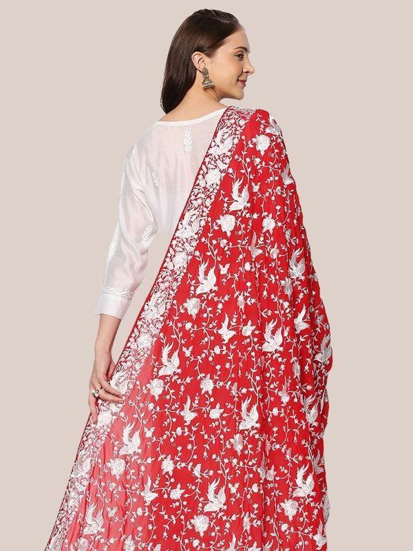 Machine Embroidered Parsi Gara Work Georgette Dupatta White Thread Work Red Stole/Shawl