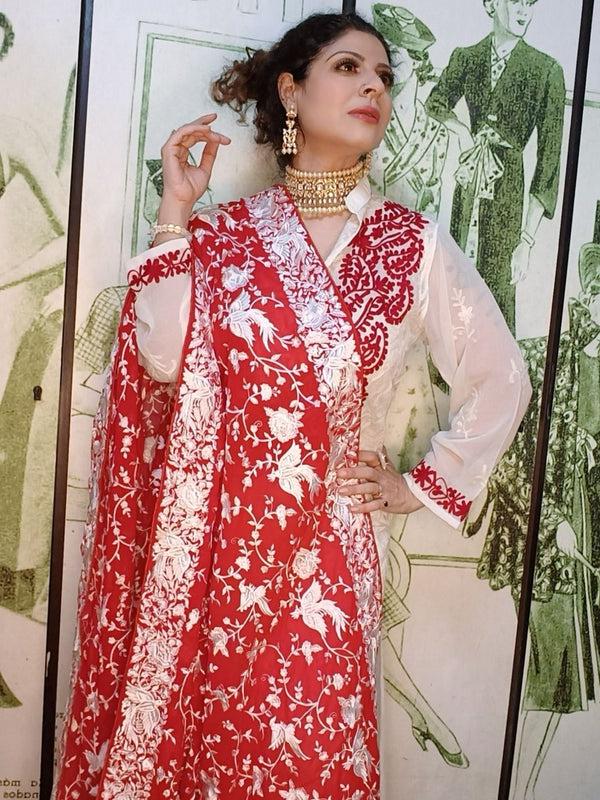 Machine Embroidered Parsi Gara Work Georgette Dupatta White Thread Work Red Stole/Shawl