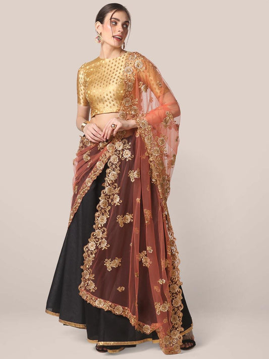 Peach Embroidered Net Dupatta with Cutwork stole/shawl