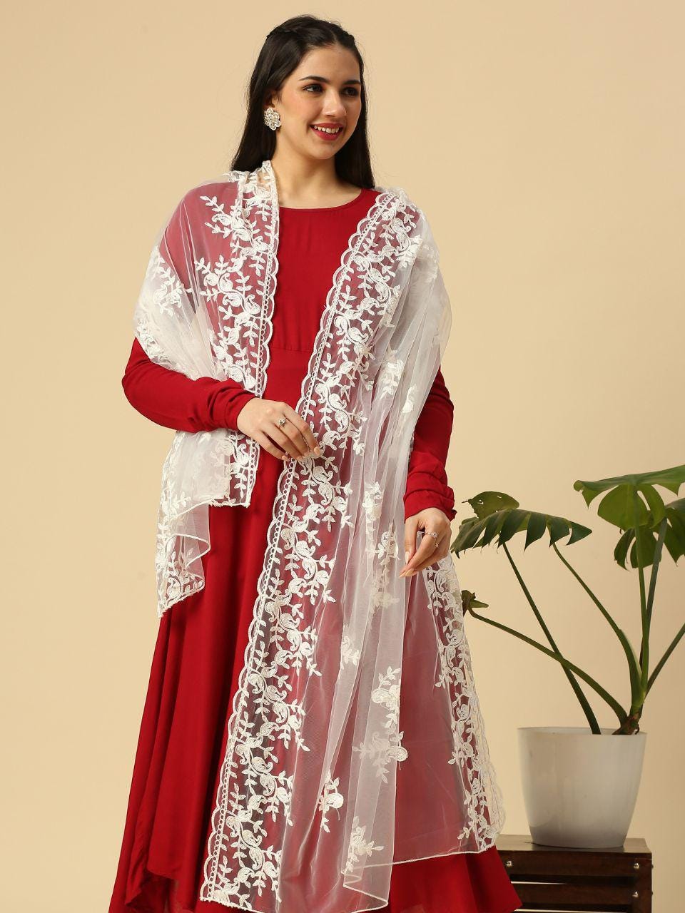 Embroidered Floral Motifs Net Dupatta stole/shawl
