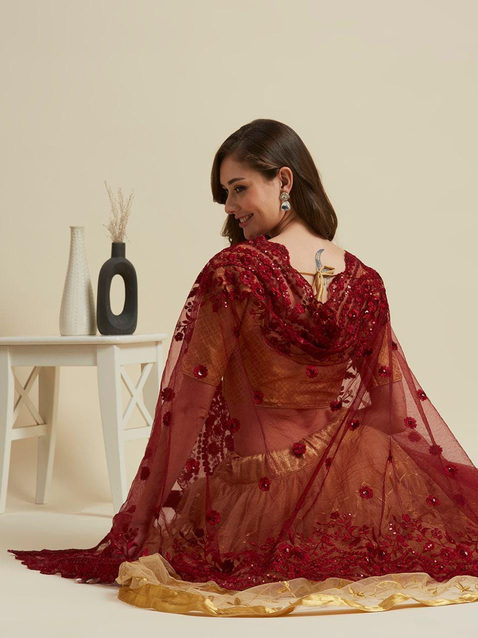 Embroidered Net Dupatta with Intricate Cutwork Border stole/shawl