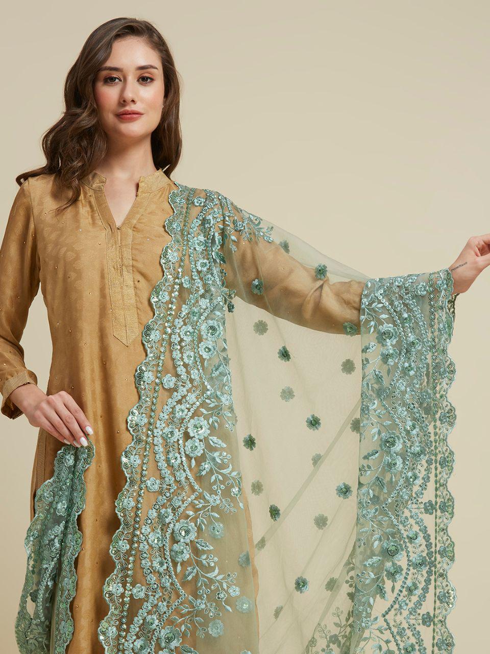 Embroidered Net Dupatta with Intricate Cutwork Border stole/shawl