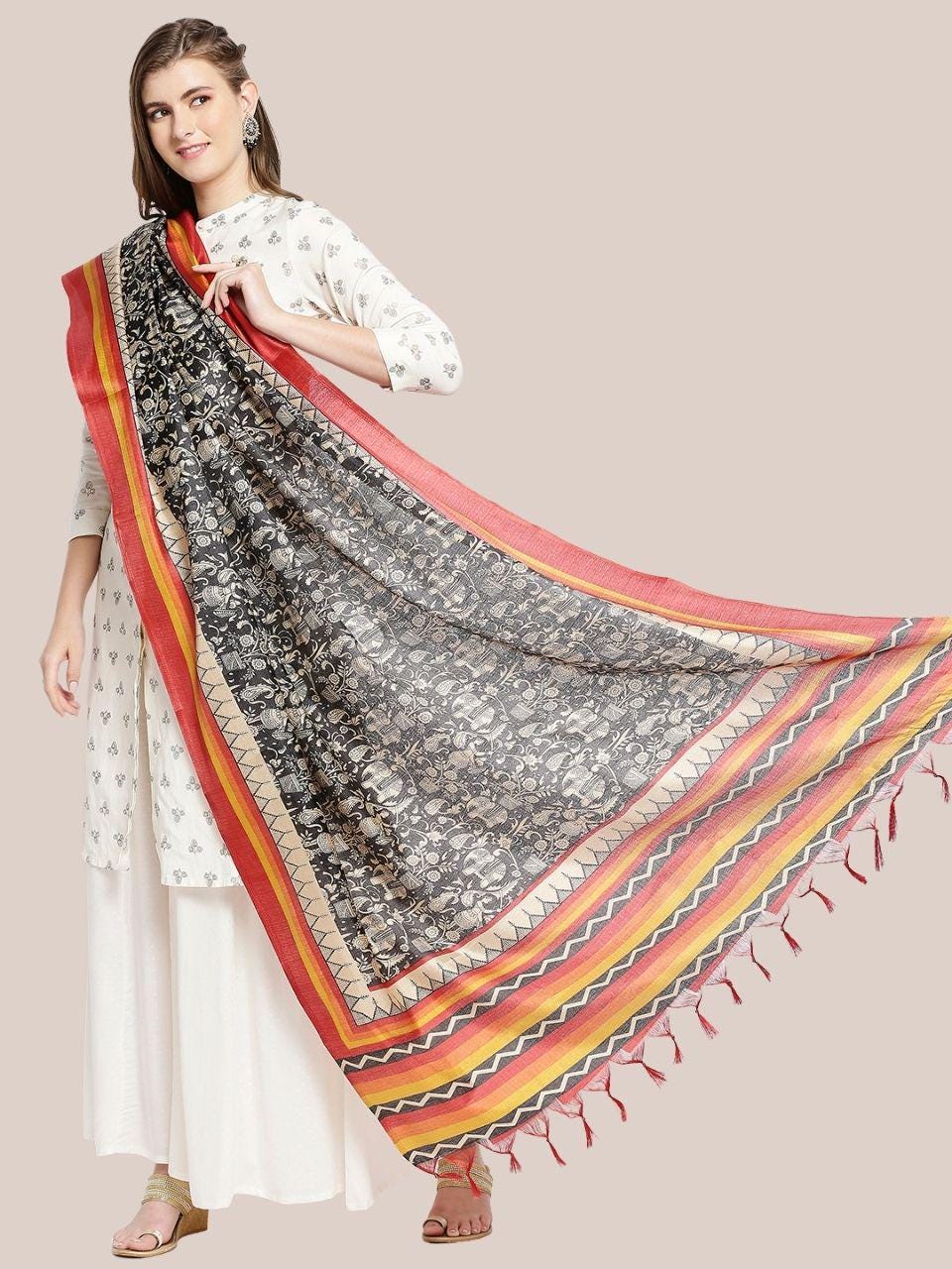 Ethnic Black and White Printed Art Silk Dupatta/shawl/stole