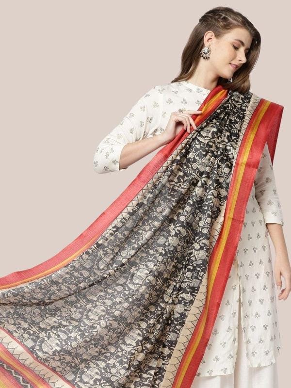 Ethnic Black and White Printed Art Silk Dupatta/shawl/stole