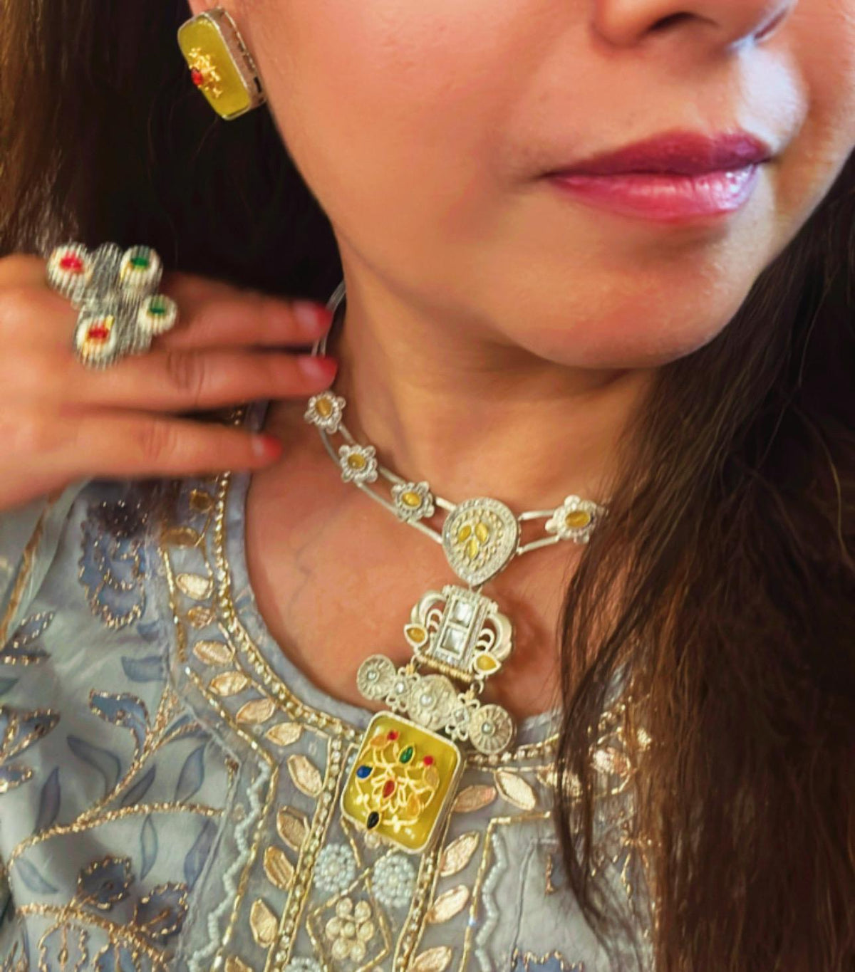 German Silver Hasli Set: Kundan Style, Doublet Stone Inlay necklace with earrings