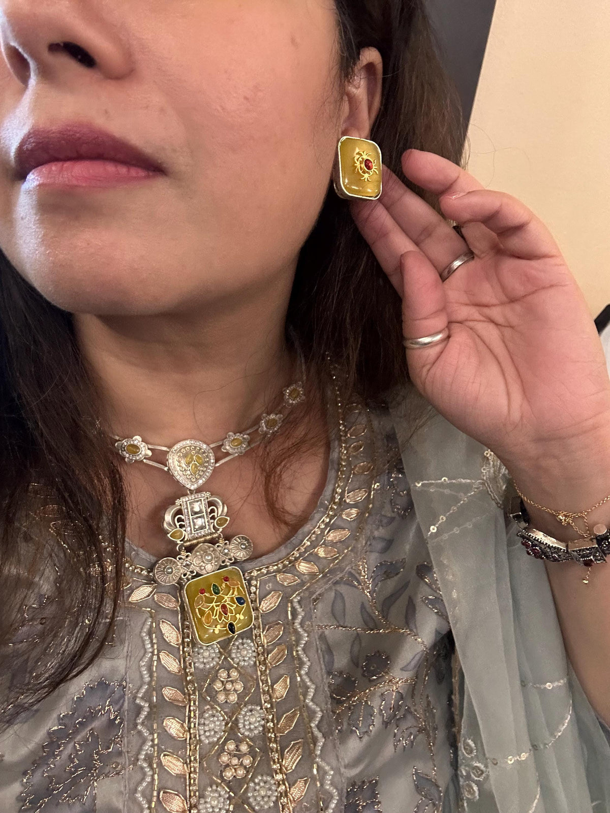 German Silver Hasli Set: Kundan Style, Doublet Stone Inlay necklace with earrings