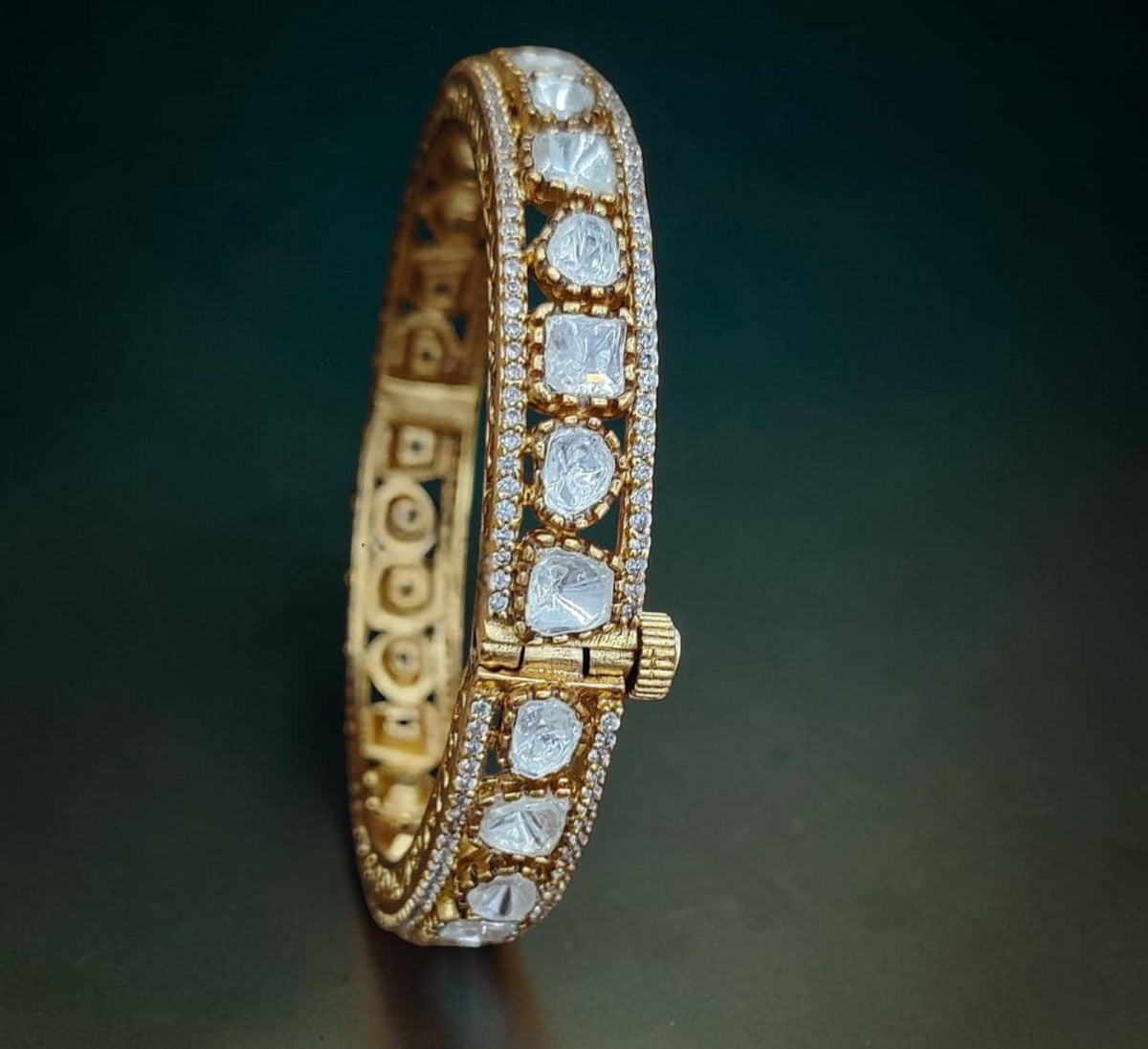 Handmade Antique Gold Real Mossanite 2.4 size Bracelet Kada, Openable