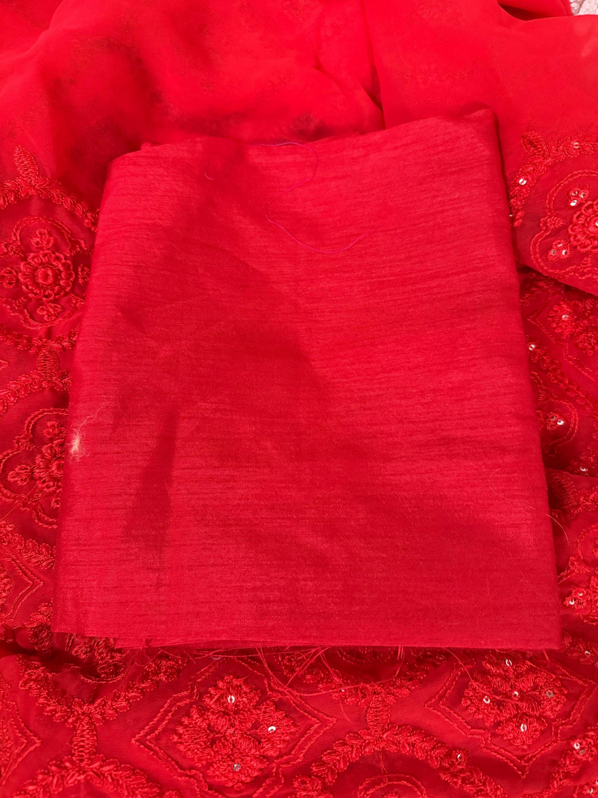Red Designer Faux Georgette Chikankari Worked Saree