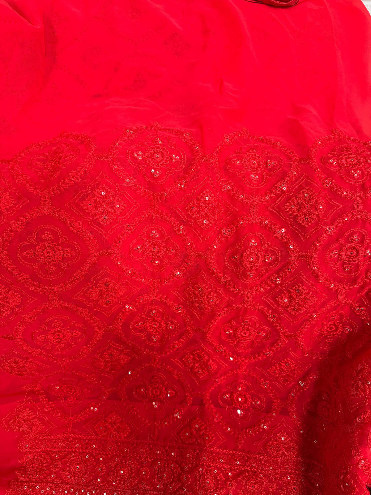 Red Designer Faux Georgette Chikankari Worked Saree