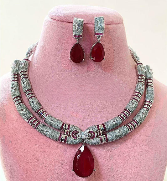 American diamond Priyanka chopra inspired necklace set in red doublet stone