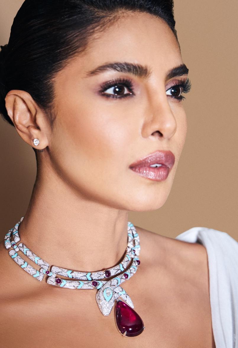 American diamond Priyanka chopra inspired necklace set in red doublet stone