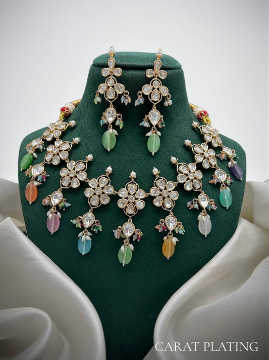 Real Mossanite, Polki American Diamonds gold polished necklace set multicolor