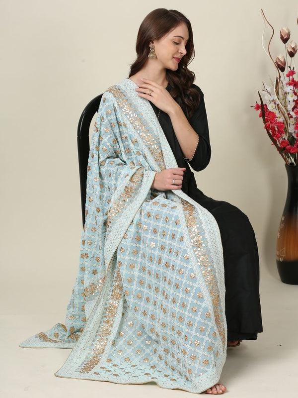 Sky Blue Georgette Lucknowi Dupatta: Gotta Patti Work Stole Shawl