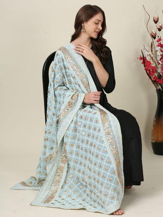 Sky Blue Georgette Lucknowi Dupatta: Gotta Patti Work Stole Shawl
