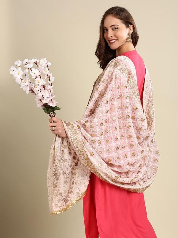 Baby Pink Georgette Dupatta: Lucknowi Embroidery, Gotta Patti Work