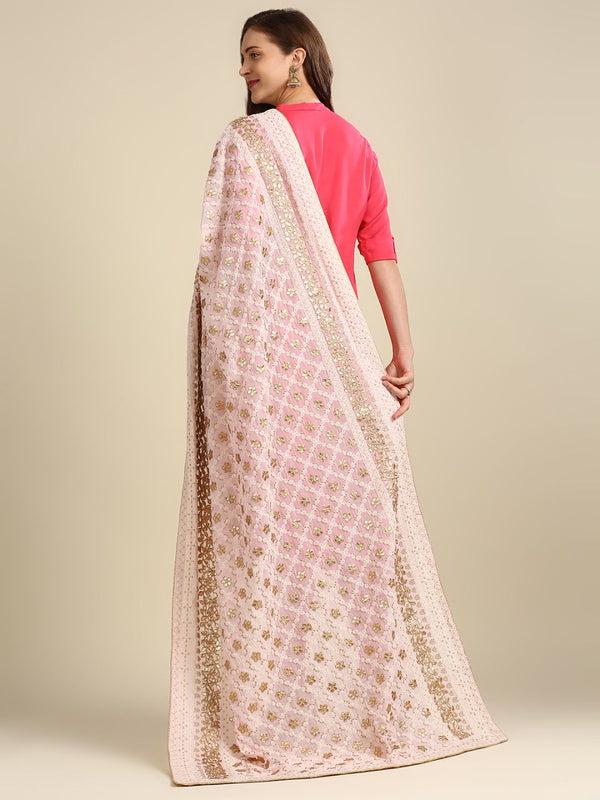 Baby Pink Georgette Dupatta: Lucknowi Embroidery, Gotta Patti Work