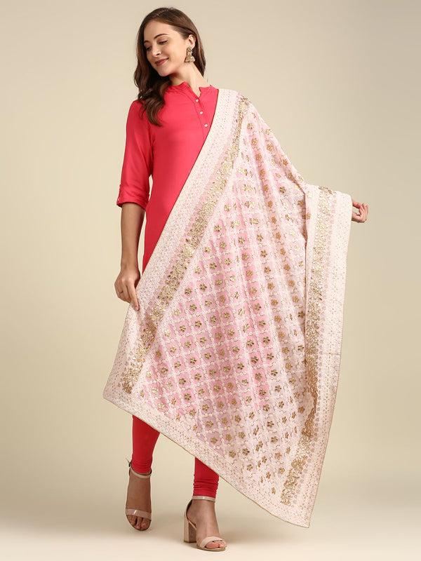 Baby Pink Georgette Dupatta: Lucknowi Embroidery, Gotta Patti Work
