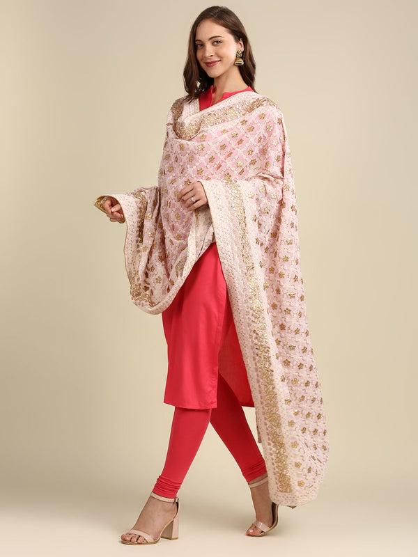 Baby Pink Georgette Dupatta: Lucknowi Embroidery, Gotta Patti Work