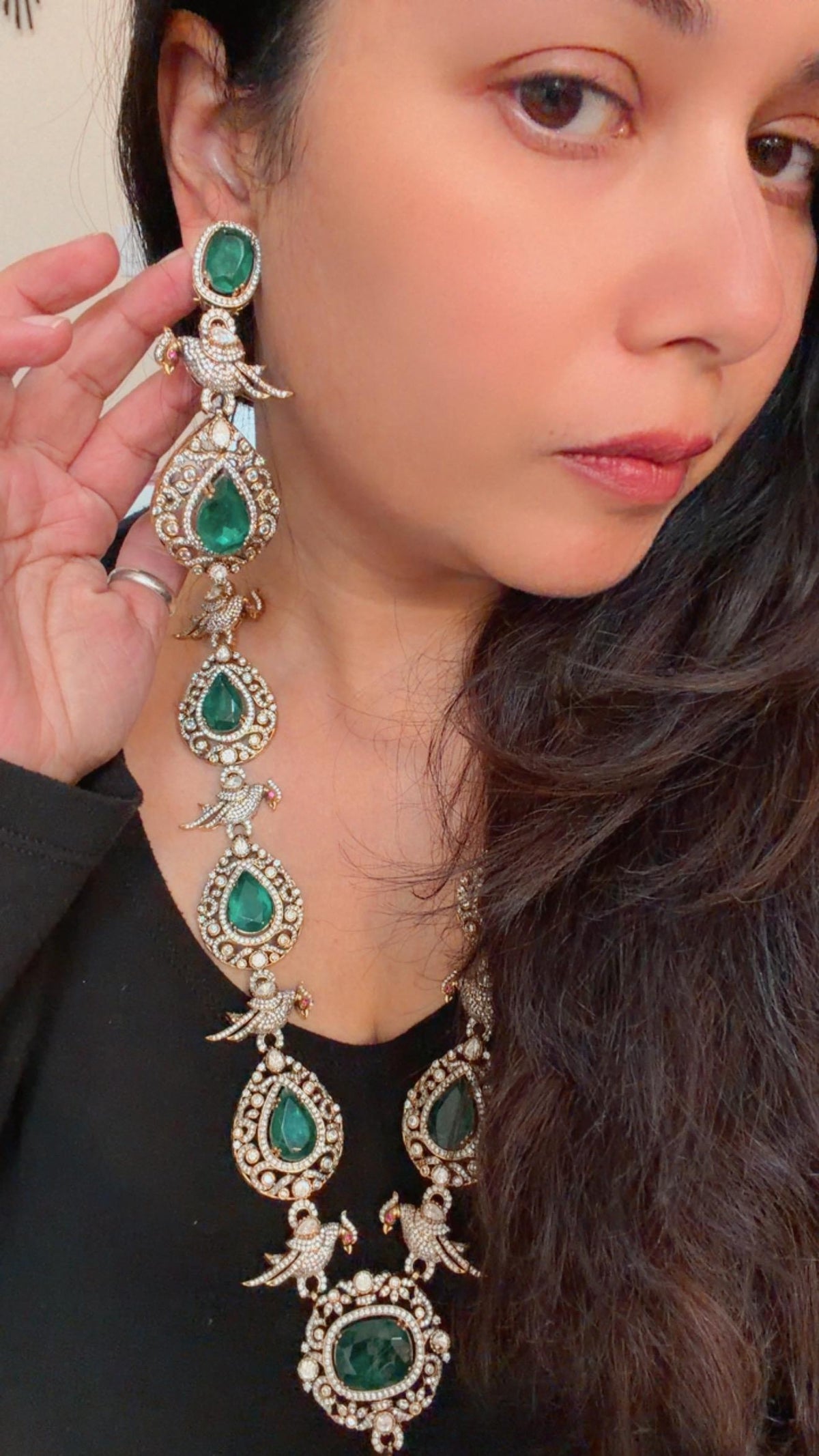 Semi Precious stones, emeralds, Polki: Antique Gold polished with American Diamonds necklace set