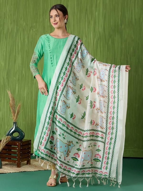 Ethnic Pichwai Printed Off-White & MultiAssam Silk Dupatta stole/shawl