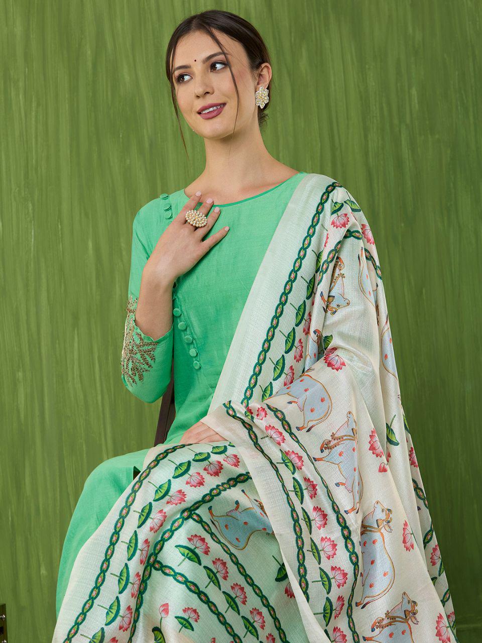 Ethnic Pichwai Printed Off-White & MultiAssam Silk Dupatta stole/shawl