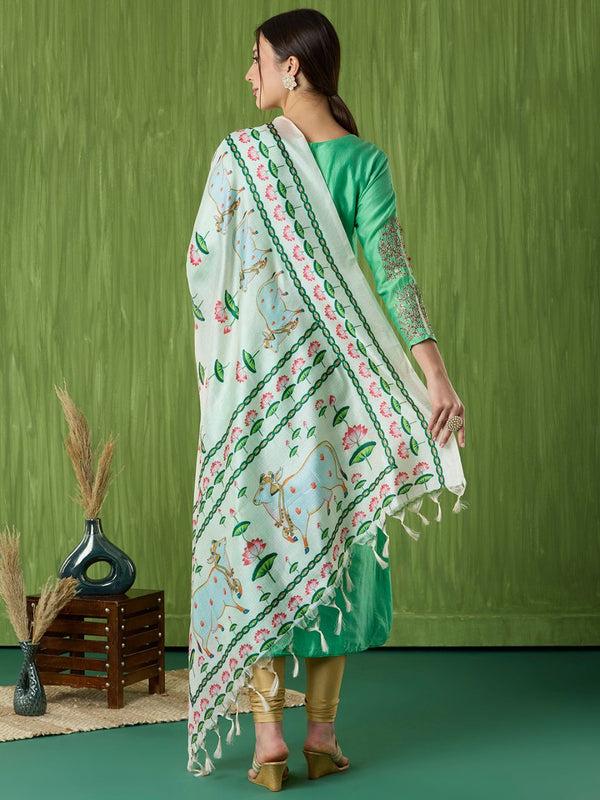 Ethnic Pichwai Printed Off-White & MultiAssam Silk Dupatta stole/shawl