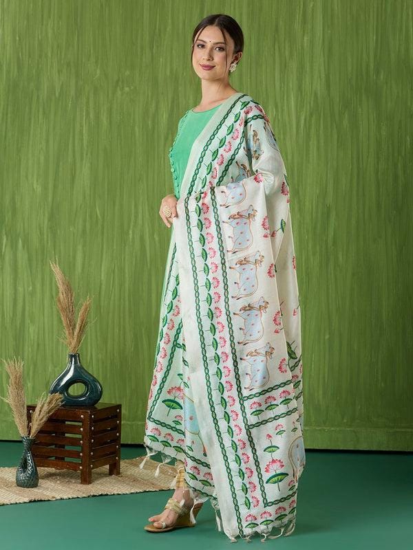 Ethnic Pichwai Printed Off-White & MultiAssam Silk Dupatta stole/shawl