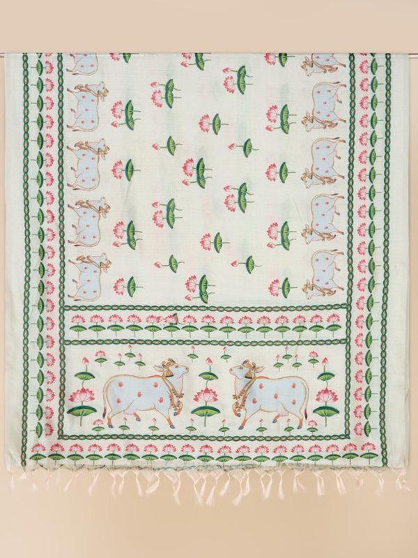 Ethnic Pichwai Printed Off-White & MultiAssam Silk Dupatta stole/shawl