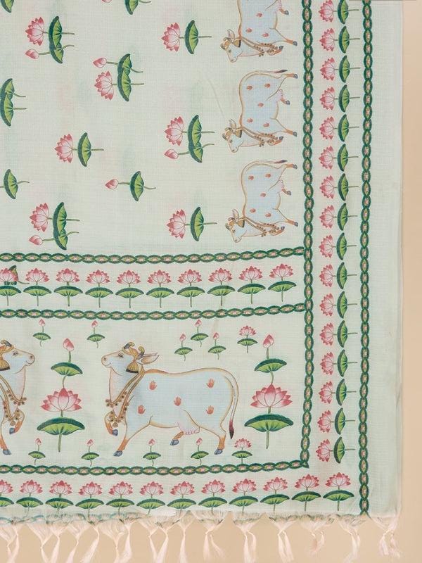 Ethnic Pichwai Printed Off-White & MultiAssam Silk Dupatta stole/shawl