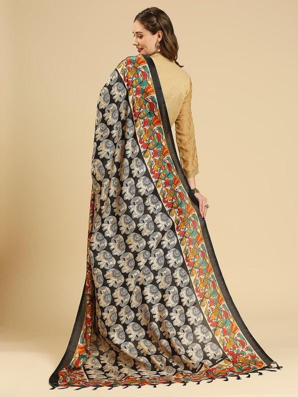 Ethnic Elephant Printed Black & Multi Art Silk Dupatta stole/shawl