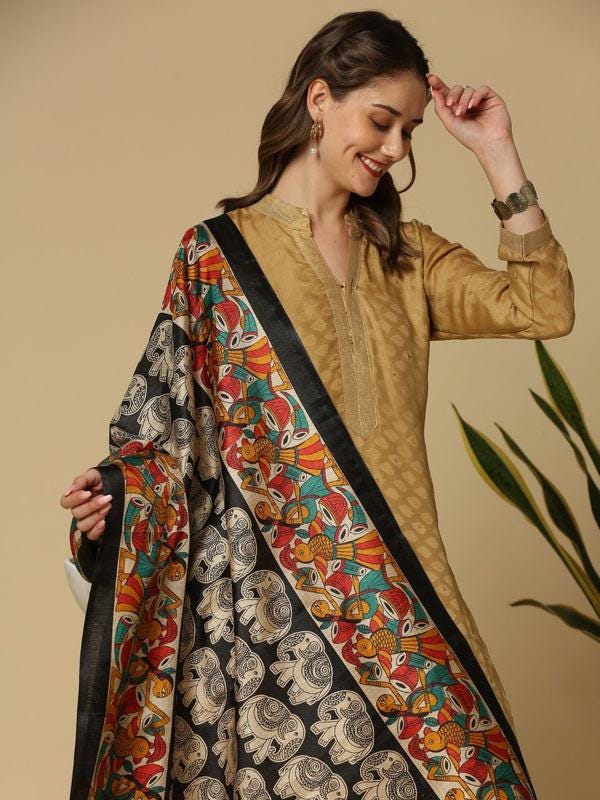 Ethnic Elephant Printed Black & Multi Art Silk Dupatta stole/shawl