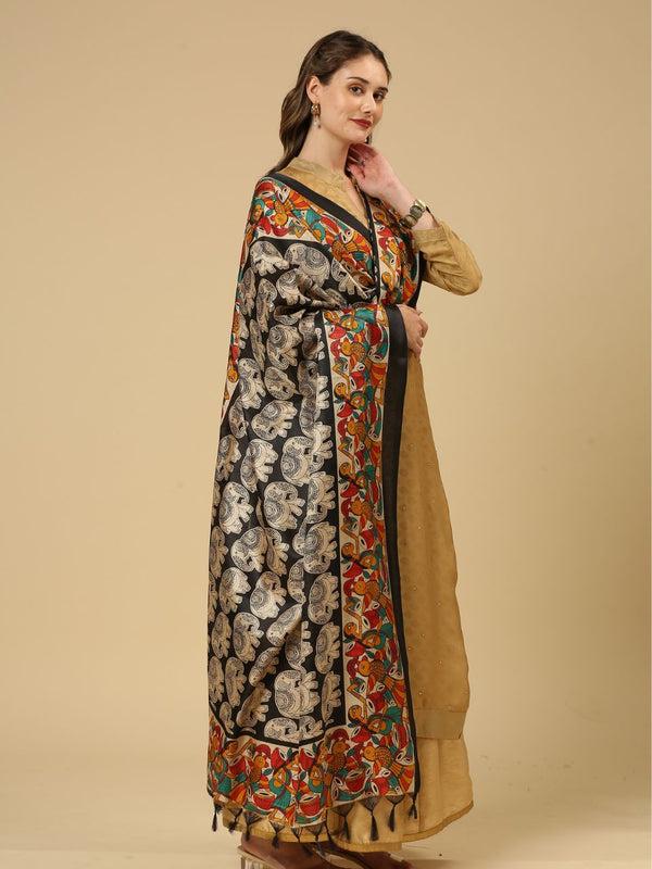 Ethnic Elephant Printed Black & Multi Art Silk Dupatta stole/shawl