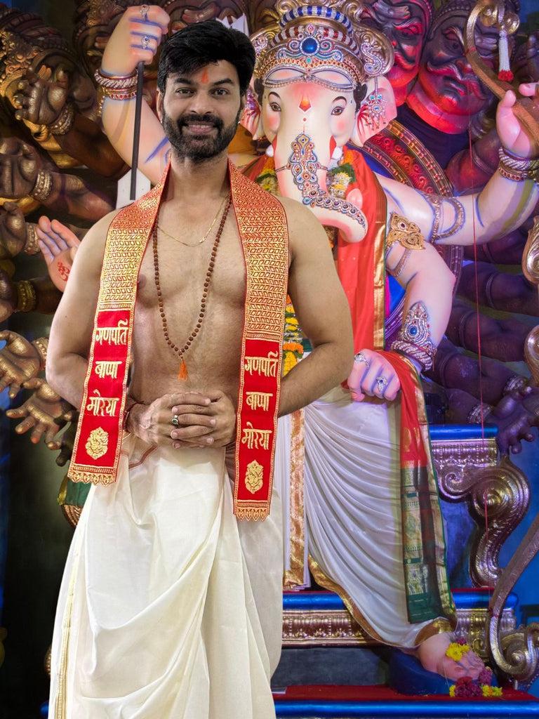 Ganpati Bappa Morya Stole in Red and Gold Men Women