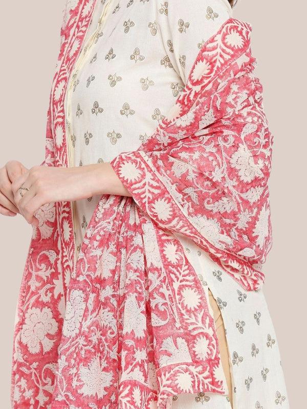 Pink & White Hand Block Printed Pure Cotton Dupatta/shawl/stole