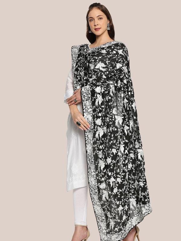 Machine Embroidered Parsi Gara Work Georgette Dupatta White Thread Work Black Stole/Shawl