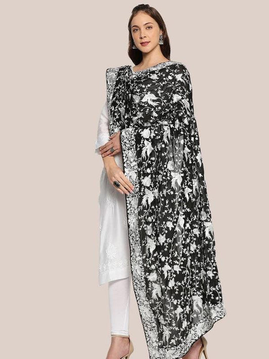 Machine Embroidered Parsi Gara Work Georgette Dupatta White Thread Work Black Stole/Shawl