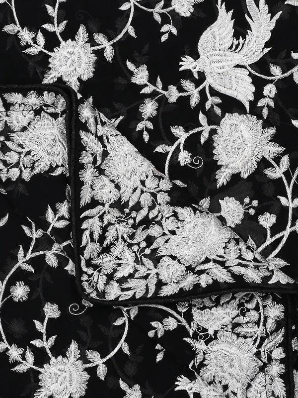 Machine Embroidered Parsi Gara Work Georgette Dupatta White Thread Work Black Stole/Shawl